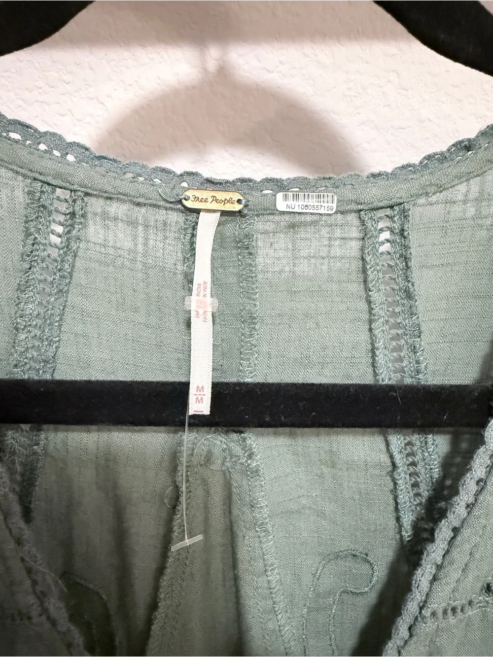 Free People Embroidered Sage Green V-Neck Tunic Dress Size M